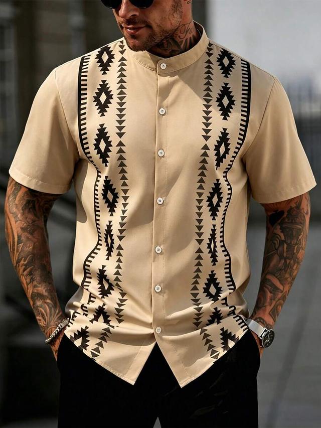 beige short sleeve shirt with geometric print