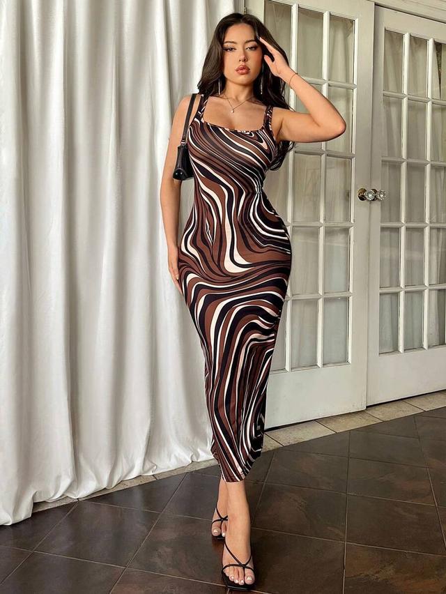 brown checkered print bodycon spaghetti strap midi dress
