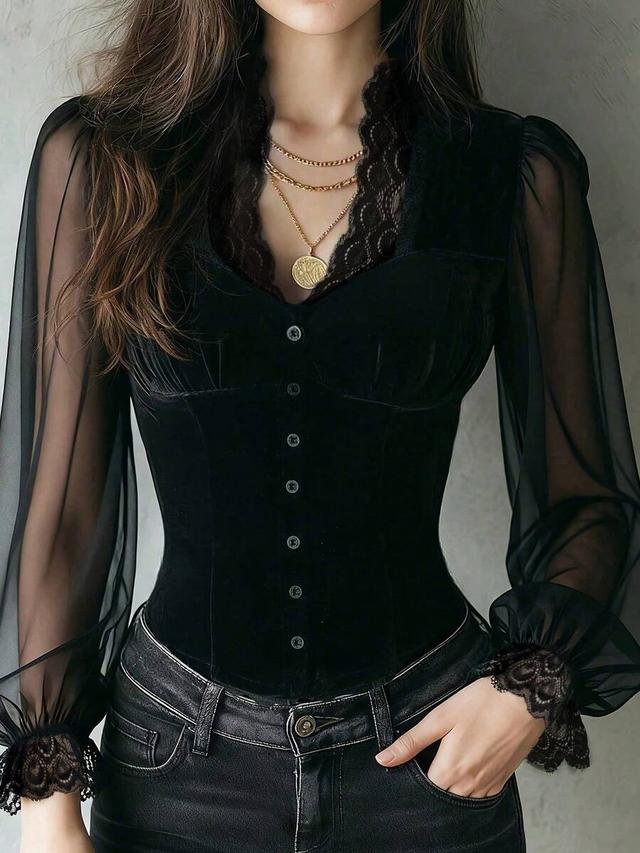 black velvet lace patchwork sheer sleeve corset blouse