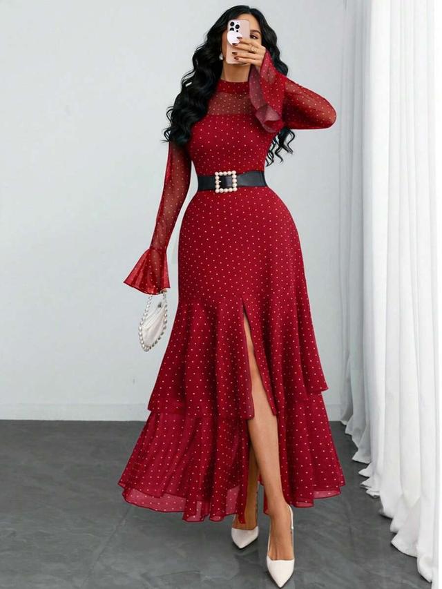 women's red polka dot multilayer stand collar dress