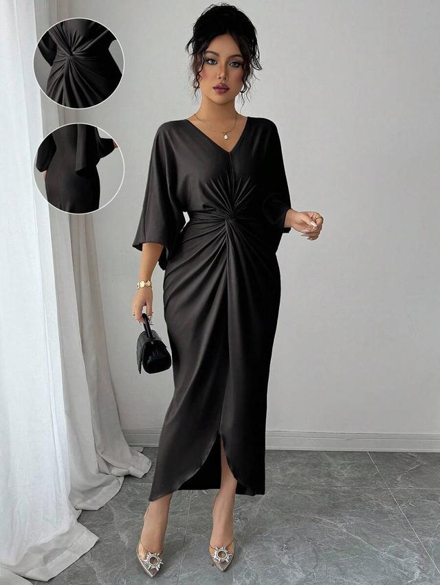 elegant black v-neck twist design batwing midi dress