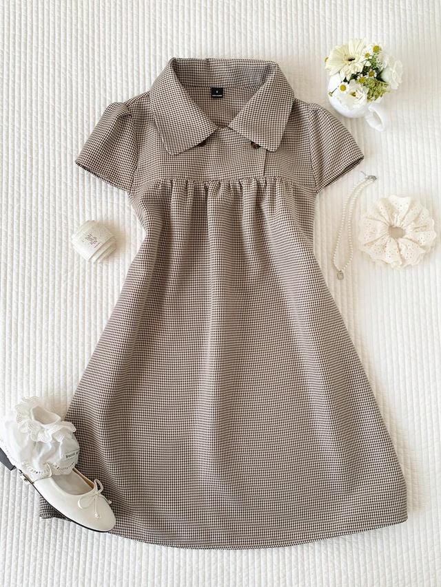 brown houndstooth collared short sleeve smock dress