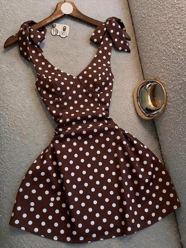 brown and white polka dot tie-strap mini dress
