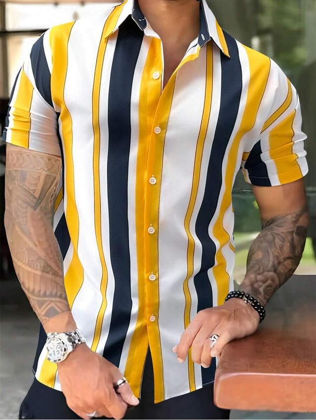 casual striped short sleeve button-up shirt