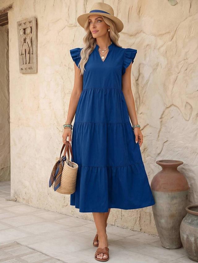 blue cotton tiered midi dress with flutter sleeves