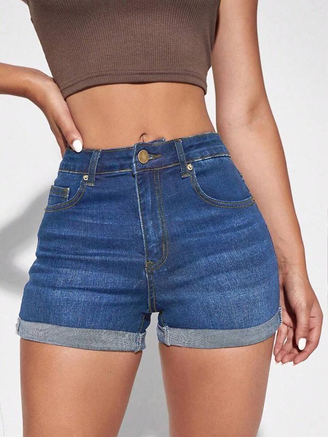 dark blue high-waisted cuffed denim shorts