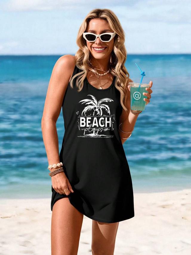 minimalist black sleeveless palm tree beach vacation dress