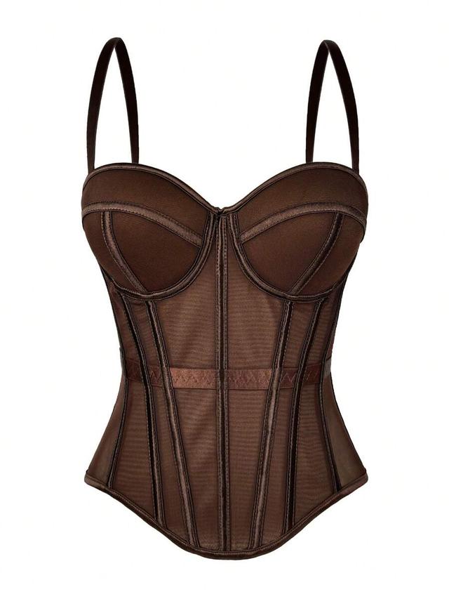 brown corset-style mesh camisole with structured bra cups