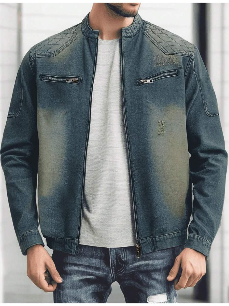 dark blue retro washed denim motorcycle jacket