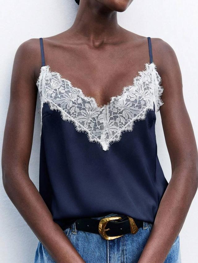 maija navy blue contrast lace v-neck cami top