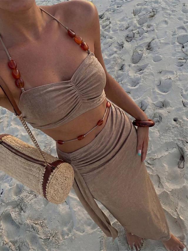 brown textured knit halter maxi dress with cutout