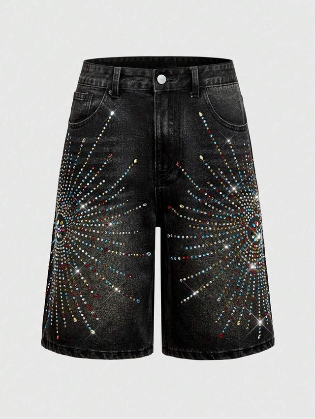 black denim shorts with colorful diamond stud embellishment