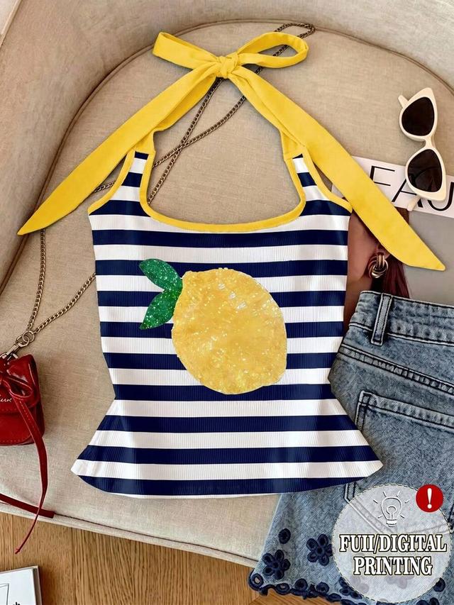 navy lemon resyla women's casual lemon striped print halter top
