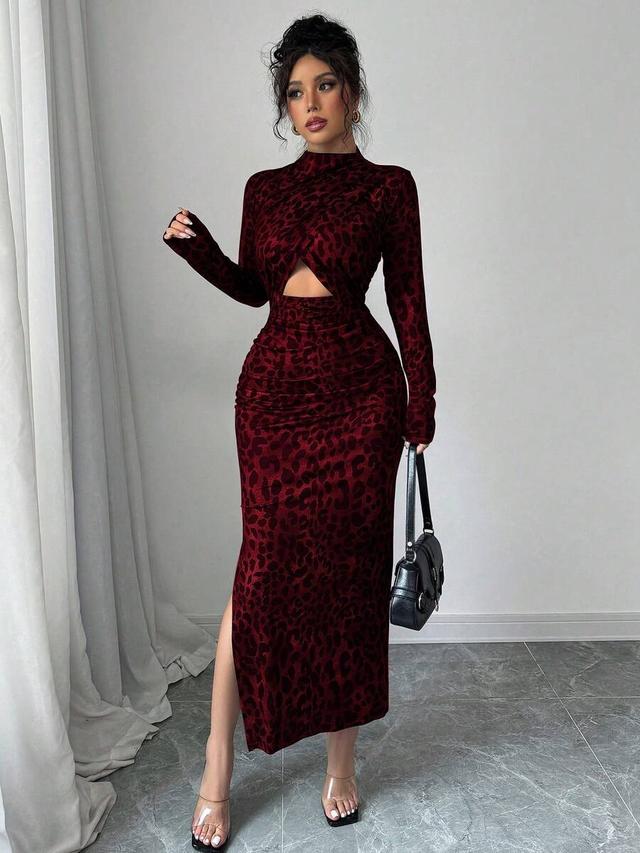 burgundy leopard print ruched long sleeve maxi dress