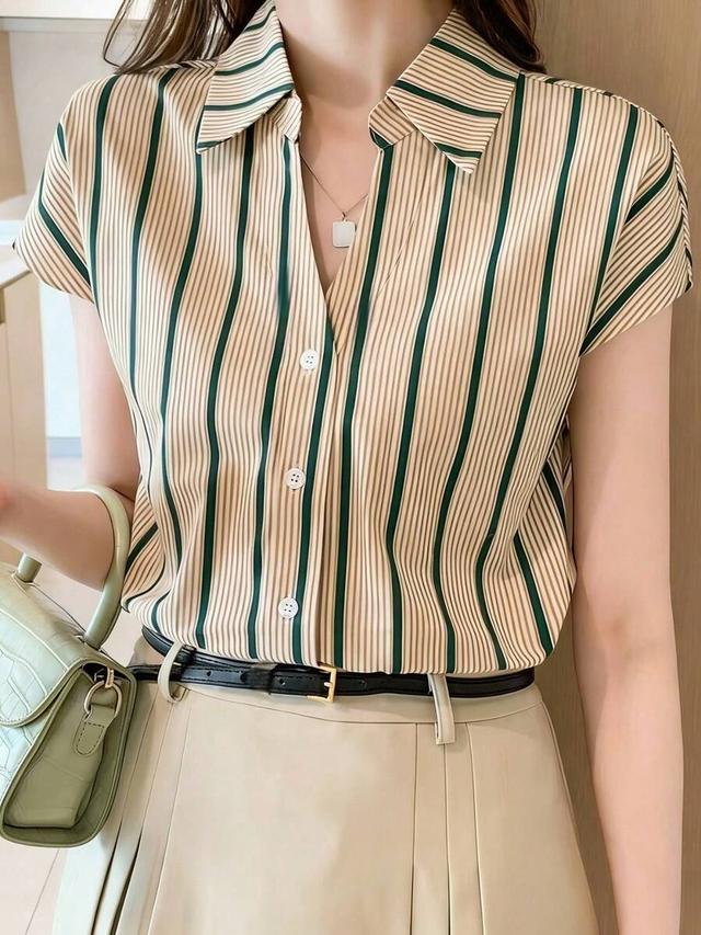 women's beige and green contrast stripe v-collar blouse