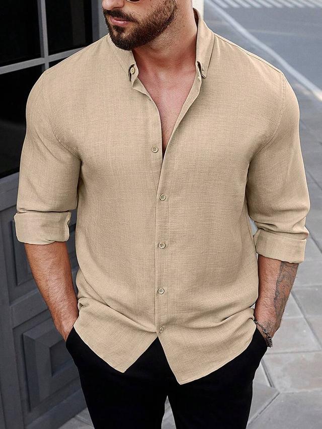 beige linen blend button-front long sleeve shirt