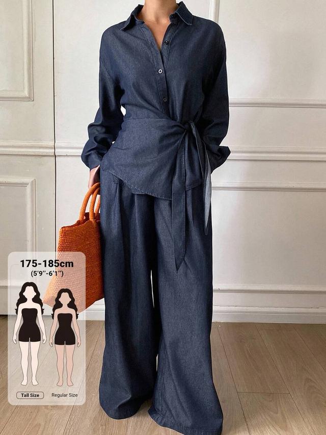 dark wash denim shirt and wide leg trousers set