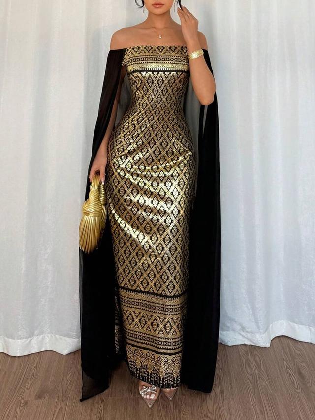 elegant black and gold brocade off-shoulder gown