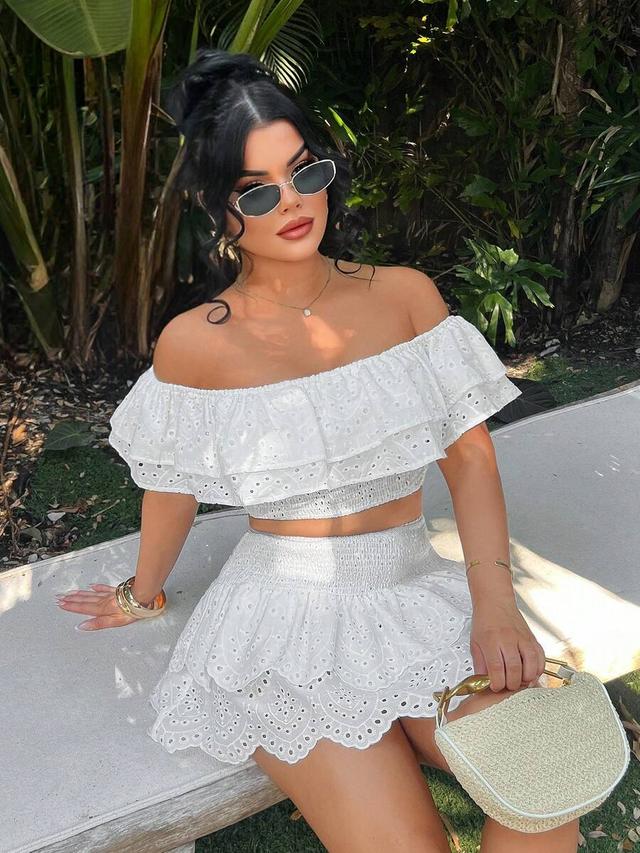 white off shoulder ruffle trim eyelet blouse
