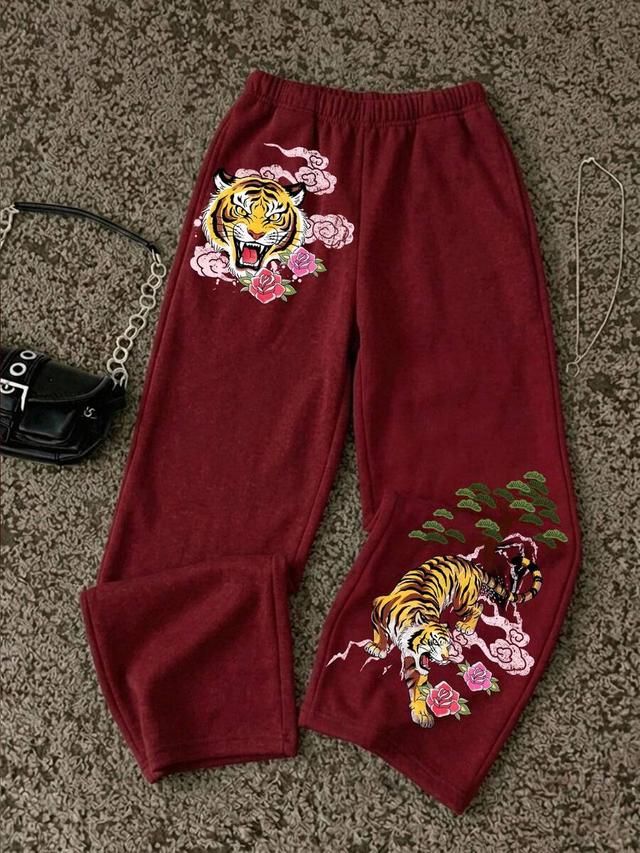 red tiger tiger print straight leg sweatpants