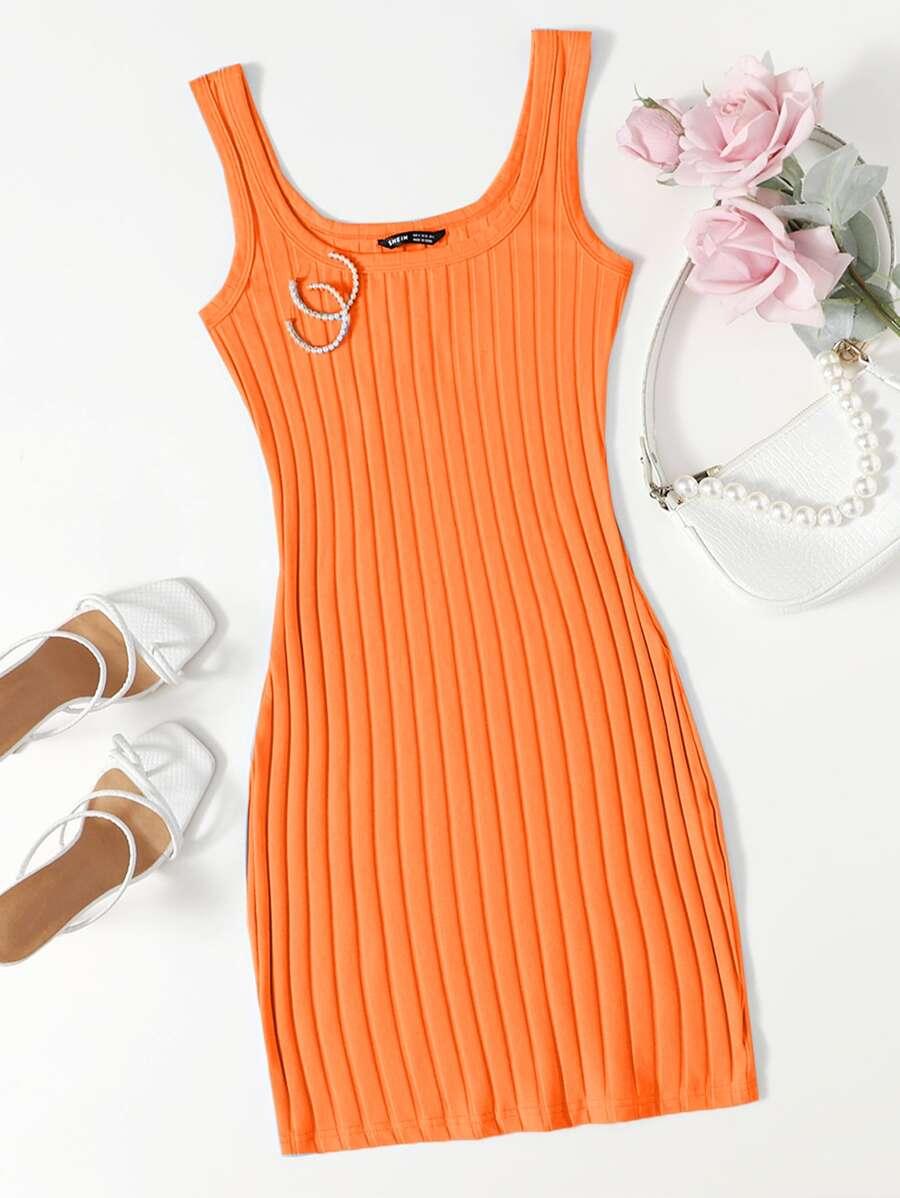orange rib-knit bodycon tank dress