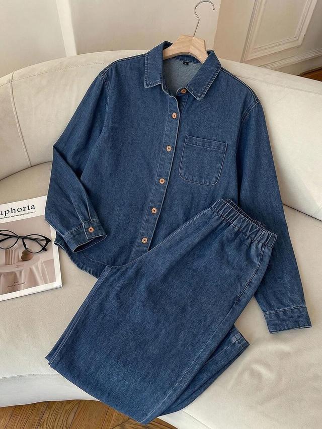 denim button-up shirt and elastic waist trousers set