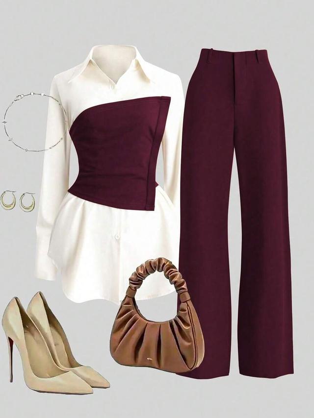 burgundy corset waist cinched shirt and wide leg pants set