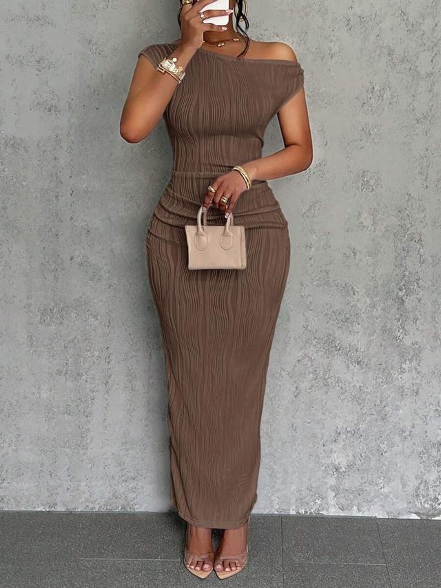 brown textured off-shoulder midi bodycon dress