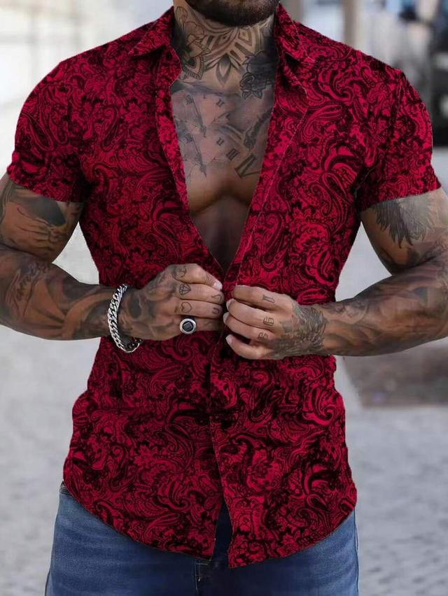 red paisley print short sleeve casual shirt