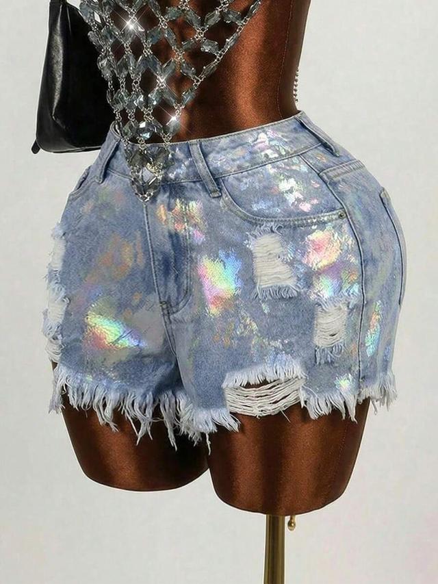 light blue holographic distressed slim fit denim shorts