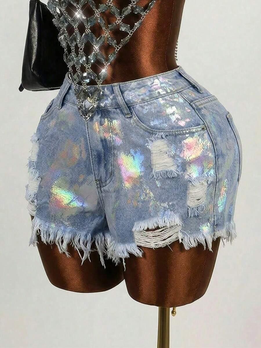 light blue holographic distressed slim fit denim shorts