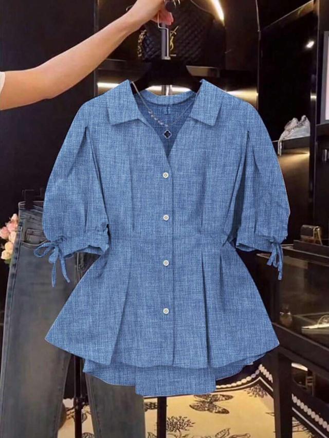 french style blue short sleeve tie waist blouse