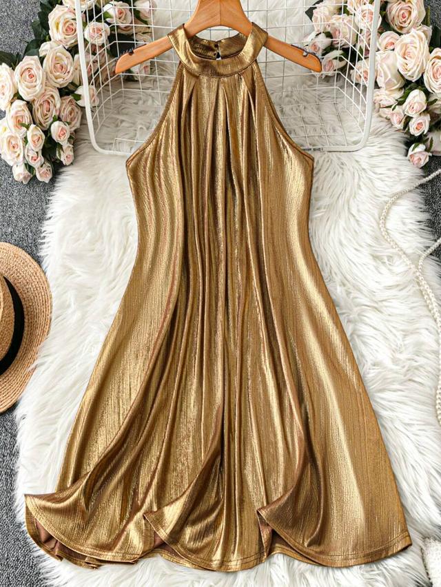 gloweve women's gold halter a-line elegant sleeveless dress
