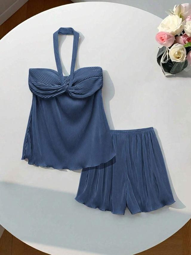 blue pleated halter top and shorts set