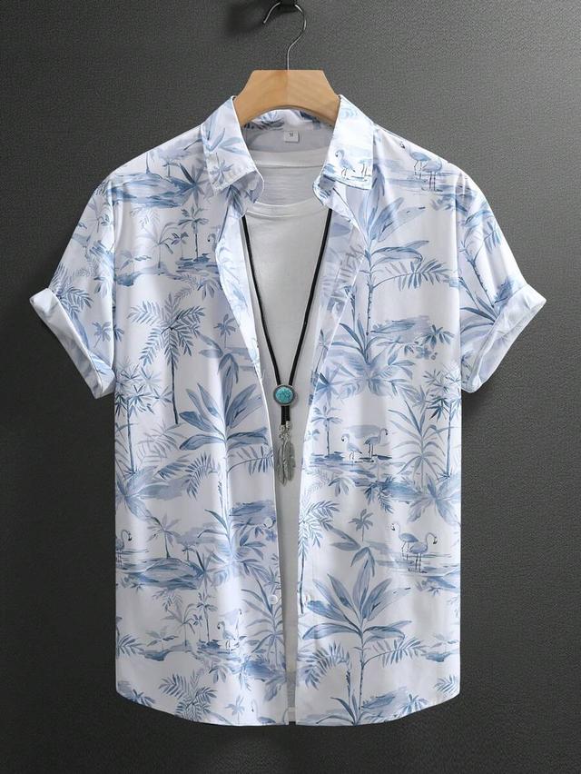 men's tropical plant print turndown collar short sleeve shirt