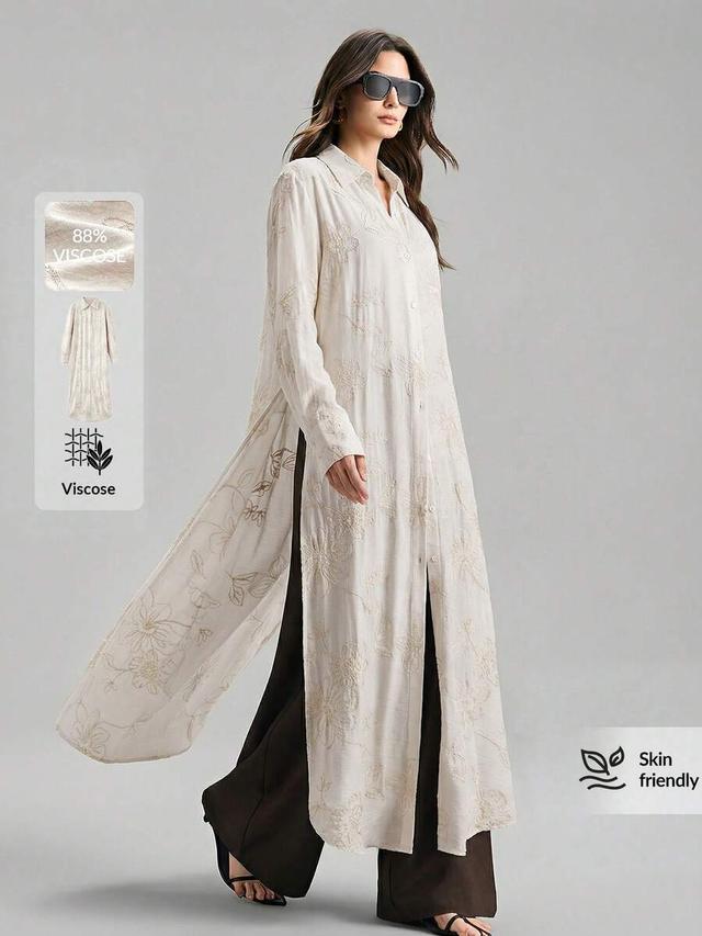 beige textured floral embroidered long sleeve button blouse
