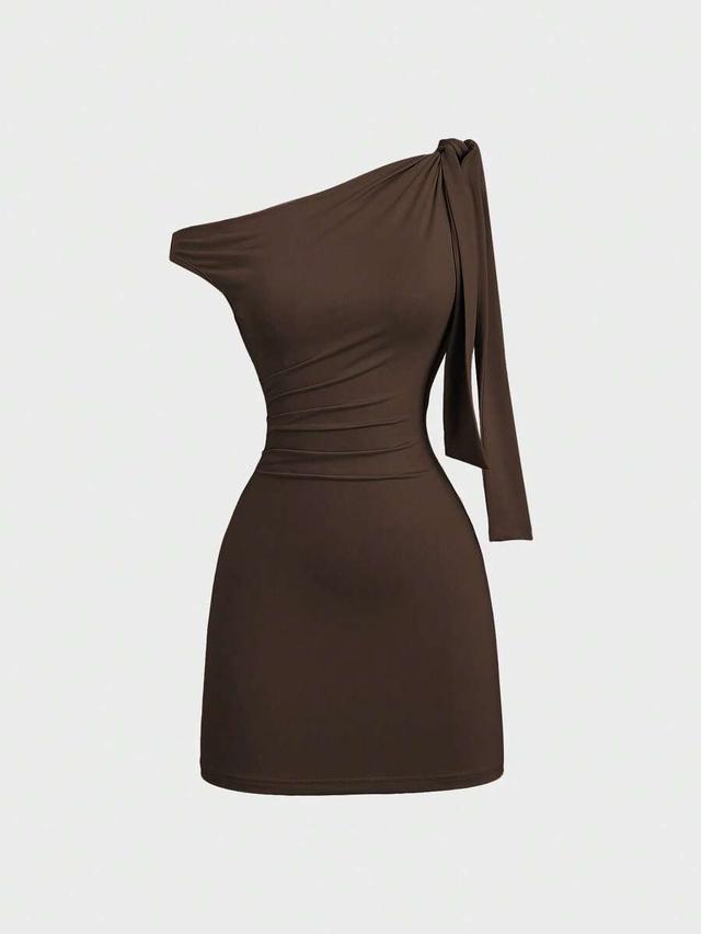 brown oblique shoulder flounce bodycon mini dress