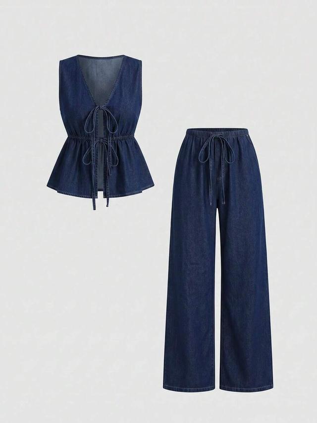 denim tie-front sleeveless top and wide-leg pants set