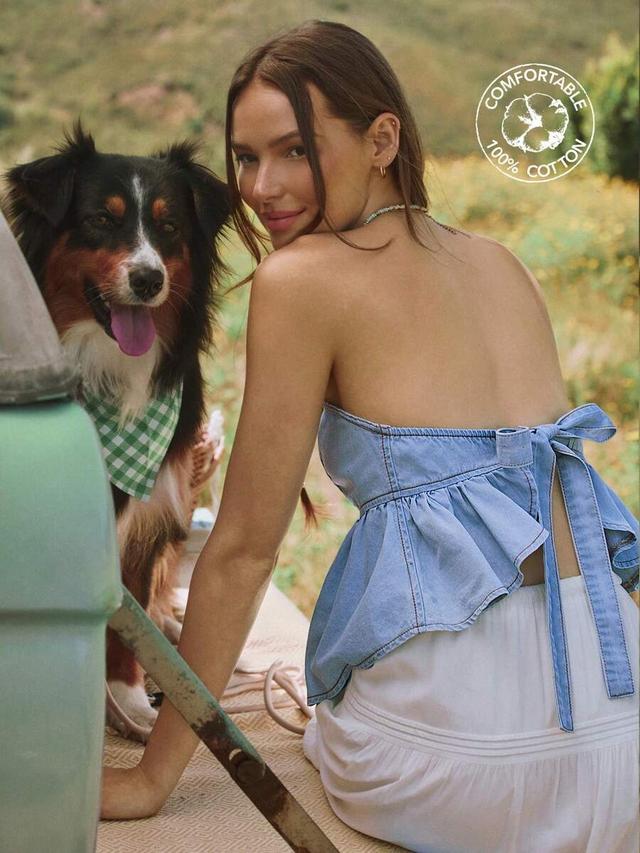 strapless denim bow tie back ruffle peplum top