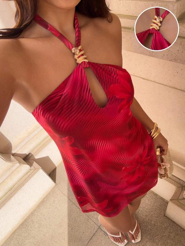 red floral halter neck mini dress with gold hardware