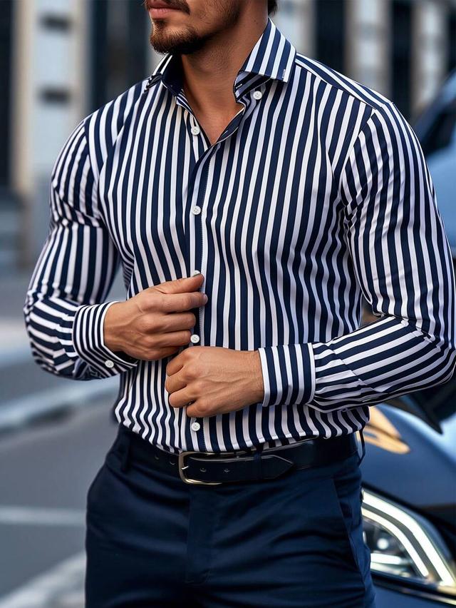 men's navy and white striped formal long sleeve shirt
