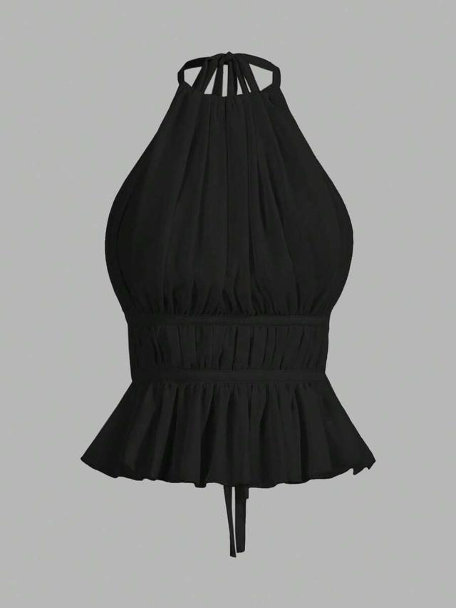 black pleated halter neck waist tied backless tank top