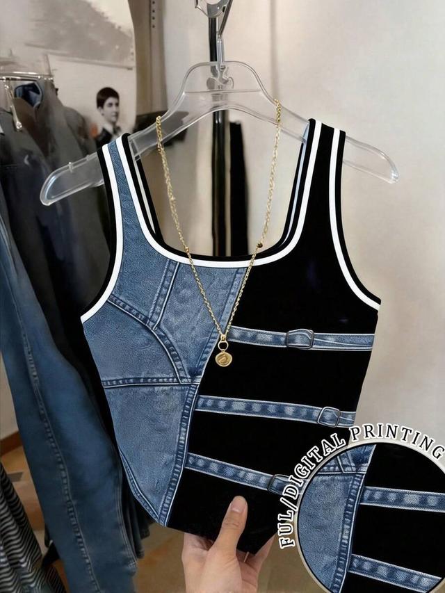fitted tank top with digital denim print