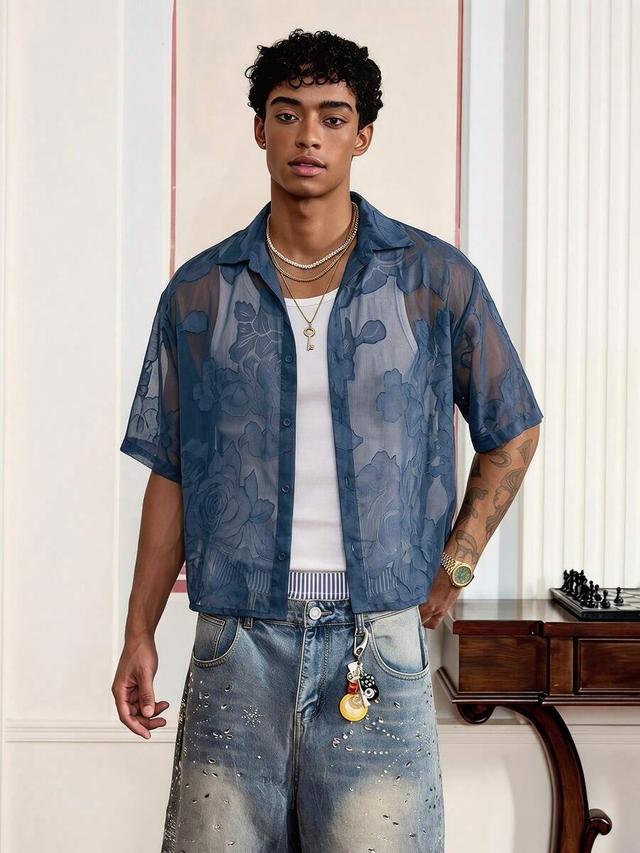 swavvy men's blue floral sheer short sleeve shirt