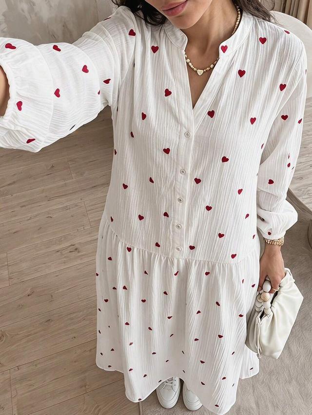 white heart print lantern sleeve loose long dress
