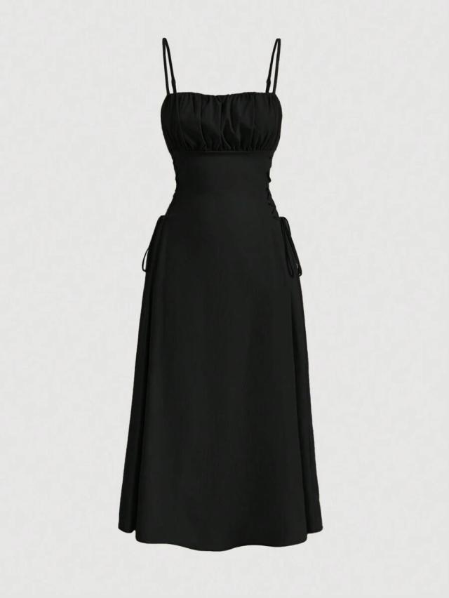 solid black ruched bust knot side cami dress