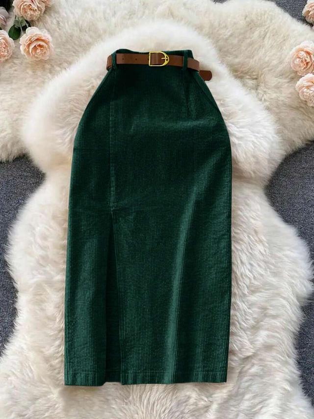 dark green corduroy midi skirt with front slit
