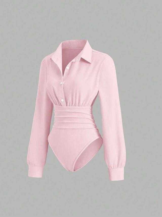 light pink collared long sleeve fitted bodysuit