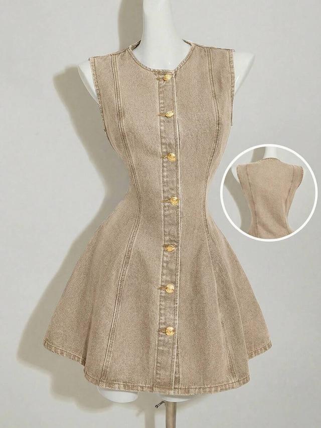sleeveless tan denim button-down fit and flare dress
