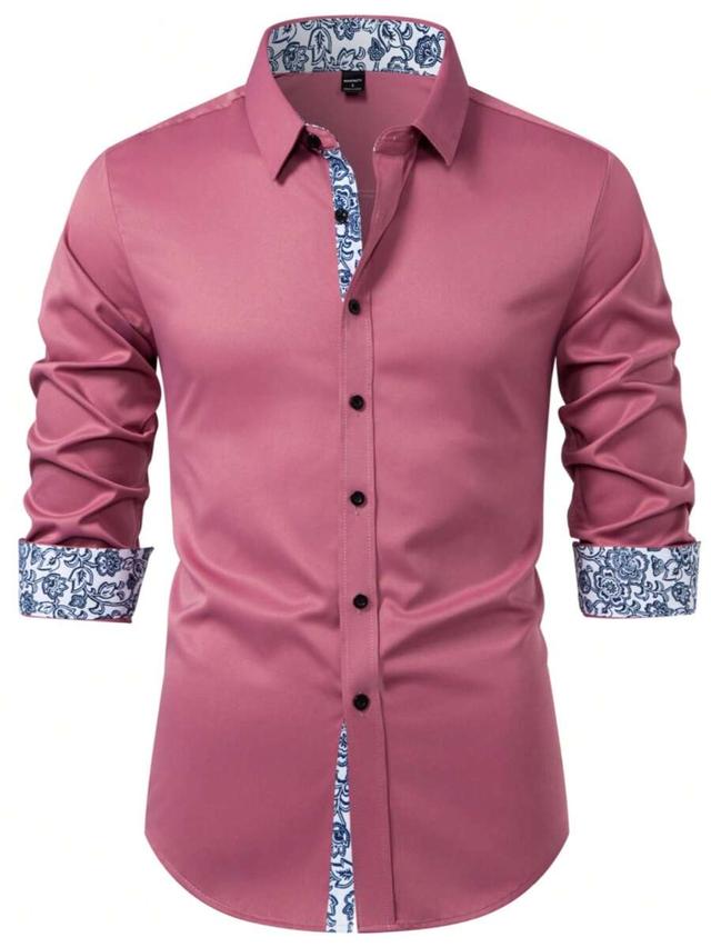 pink long sleeve formal shirt with floral contrast